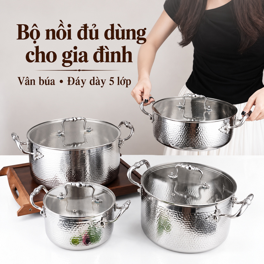 Nồi Inox Cao Cấp 3 Lớp Vân Búa 28x8cm