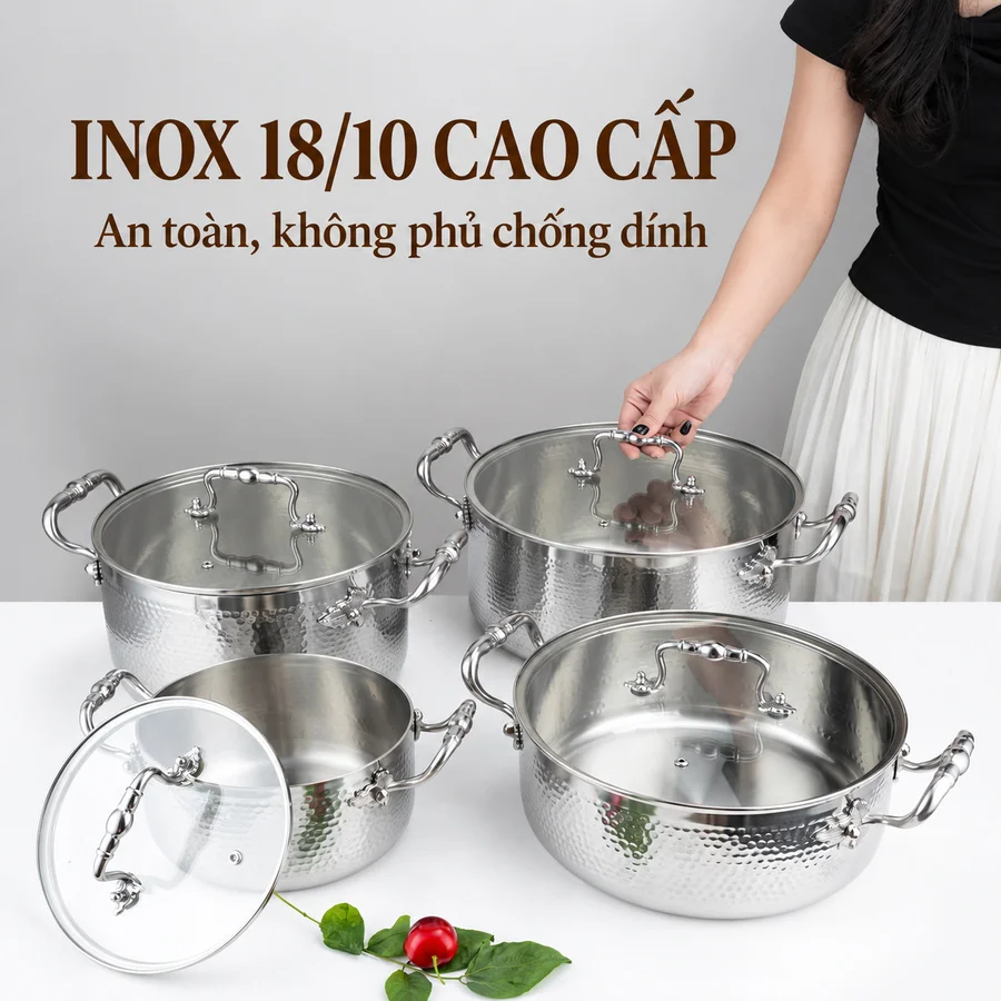 Nồi Inox Cao Cấp 3 Lớp Vân Búa 26x12cm
