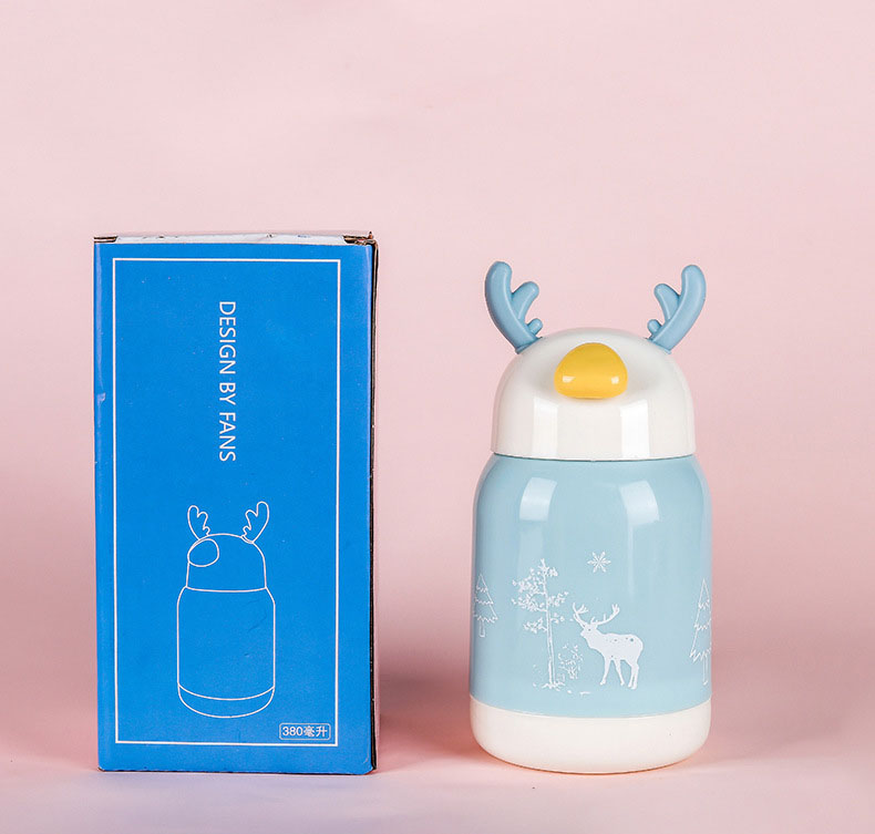 Bình nước giữ nhiệt tai hươu cute lõi thuỷ tinh bọc nhựa, dung tích 380ml