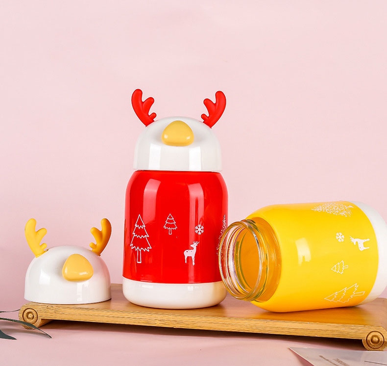 Bình nước giữ nhiệt tai hươu cute lõi thuỷ tinh bọc nhựa, dung tích 380ml