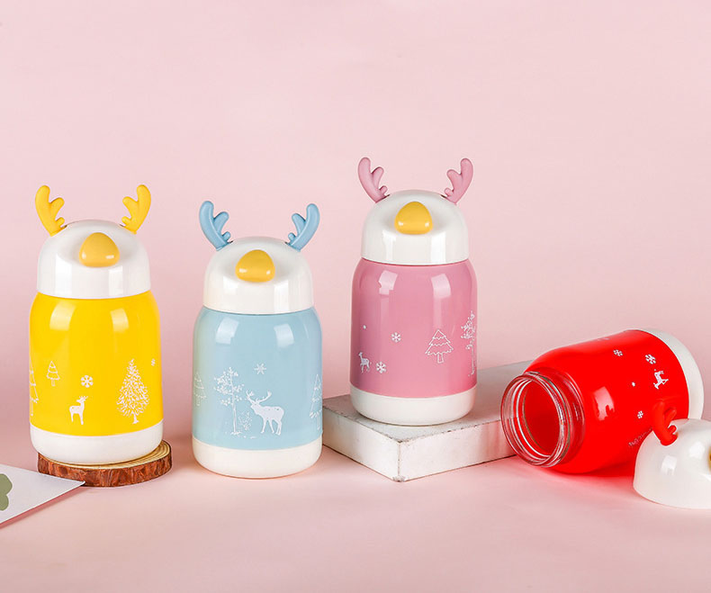 Bình nước giữ nhiệt tai hươu cute lõi thuỷ tinh bọc nhựa, dung tích 380ml
