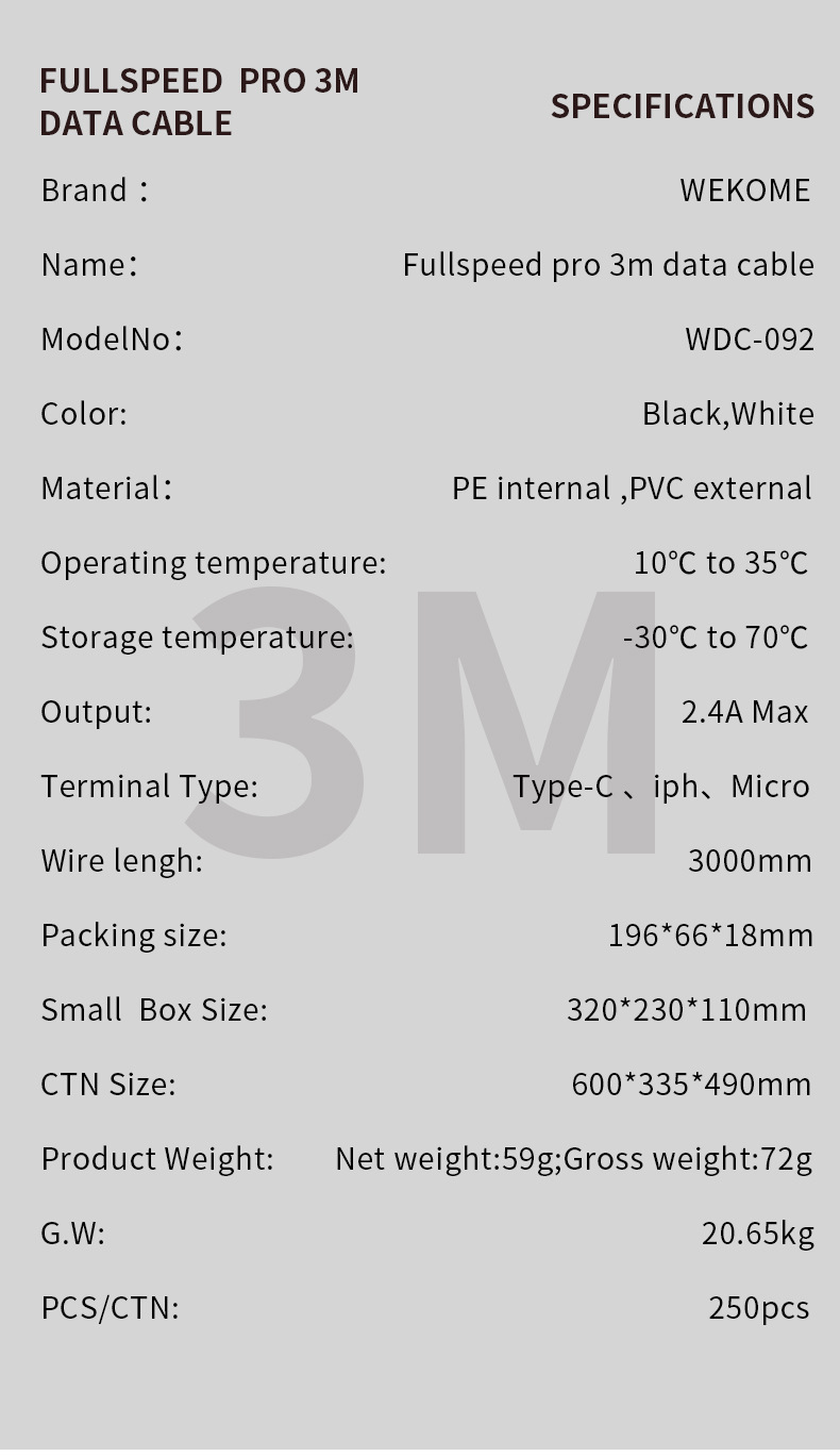 Cáp Sạc Wekome WDC - 092a Type-C Dài 3M
