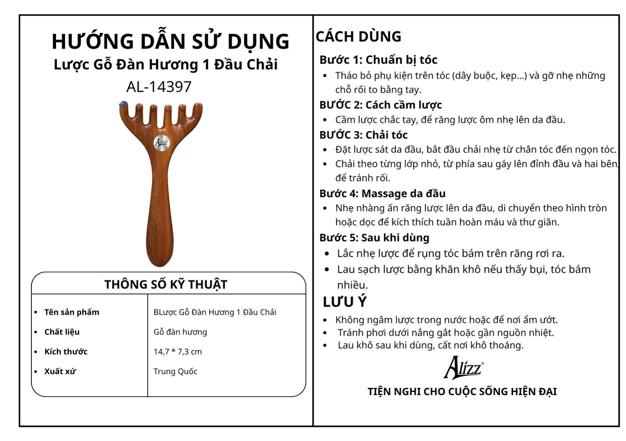 Lược Gỗ Đàn Hương 1 Đầu Chải Massage Da Đầu AL14397