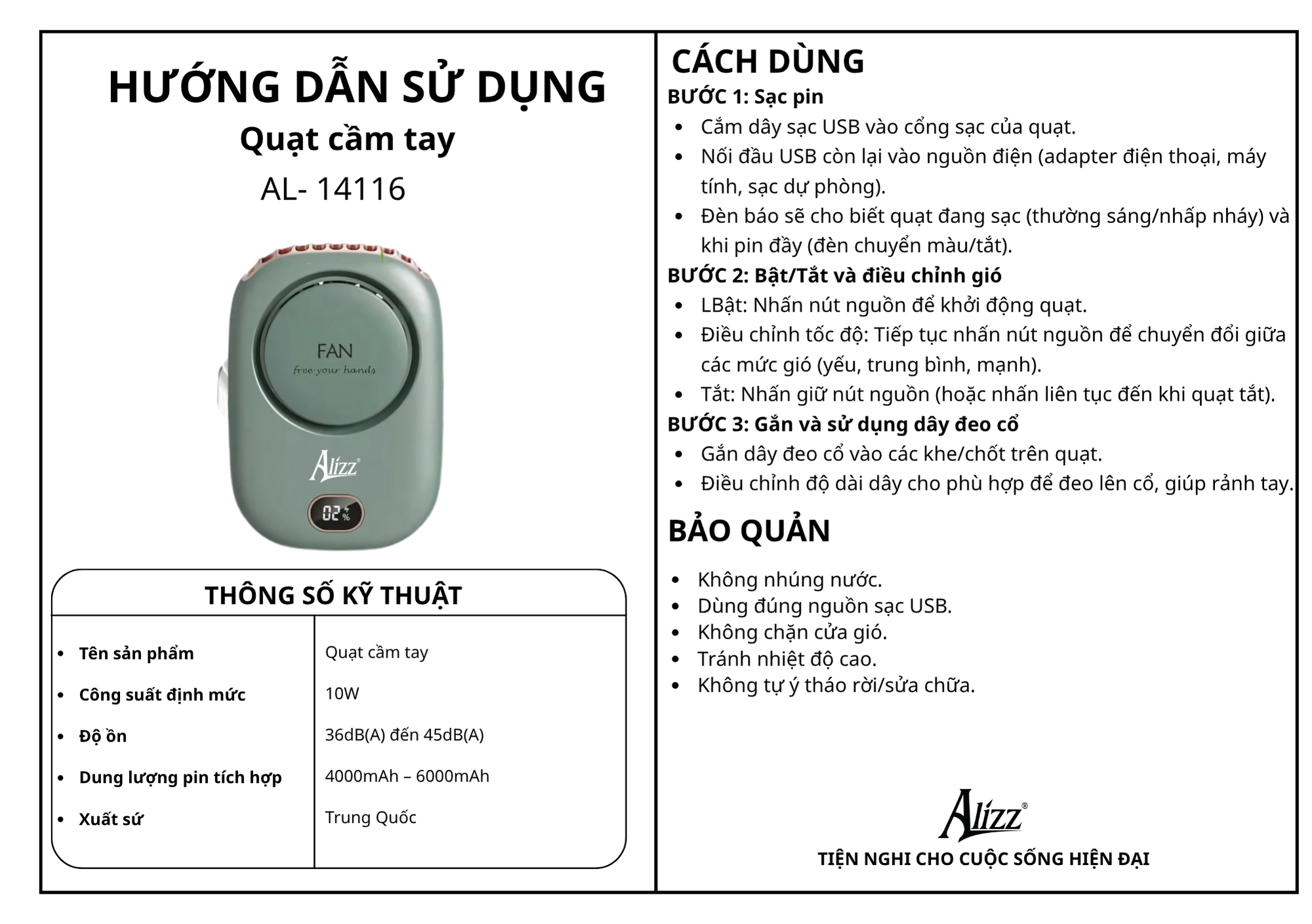 Quạt cầm tay ALIZZ AL-14116 kèm dây đeo cổ