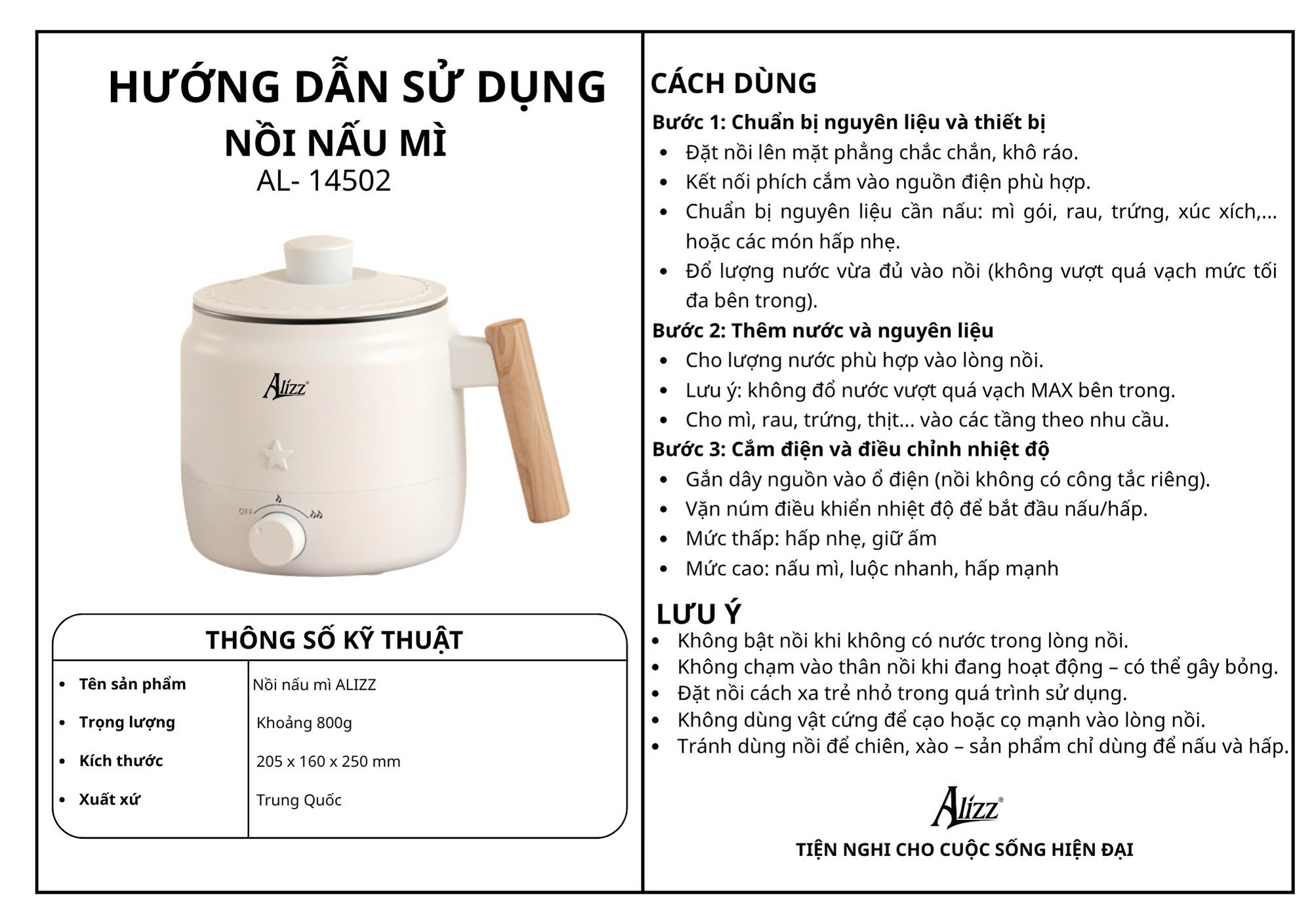 Nồi nấu đa năng 1 tầng ALIZZ AL-14502