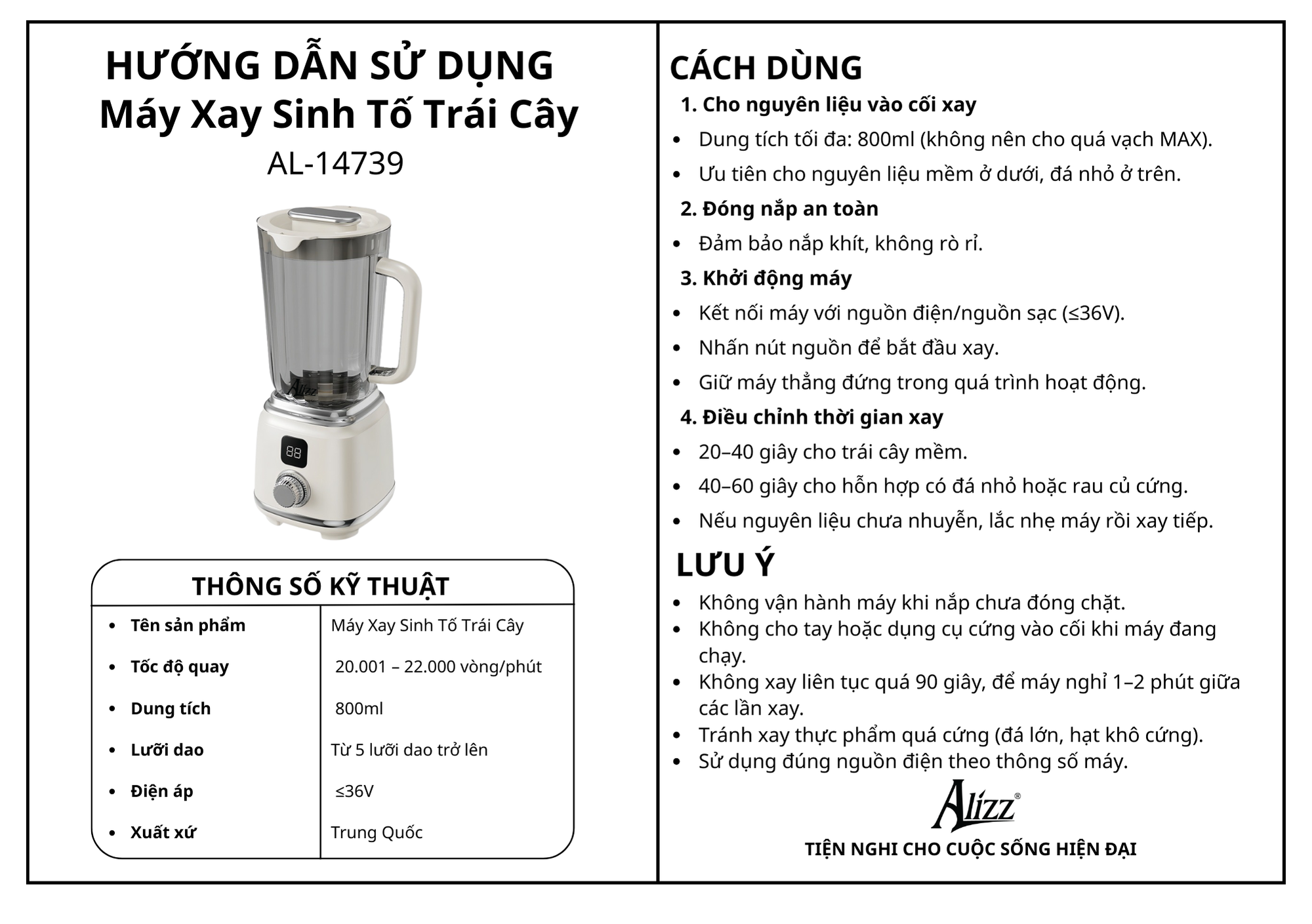 Máy Xay Sinh Tố Trái Cây ALIZZ AL-14739