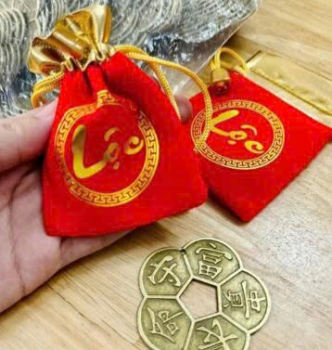 Túi Nhung Lộc Đỏ Đựng 1 Xu Hoa Mai Trang Trí Tết