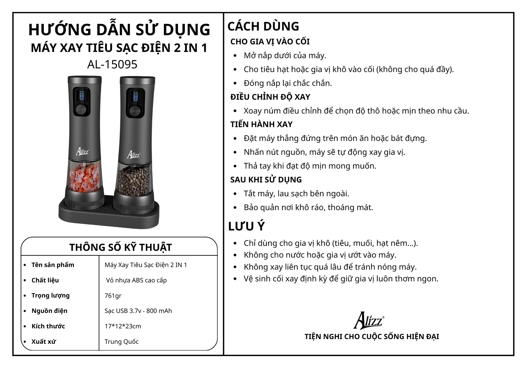 Máy Xay Tiêu Sạc Điện 2 IN 1 AL-15095