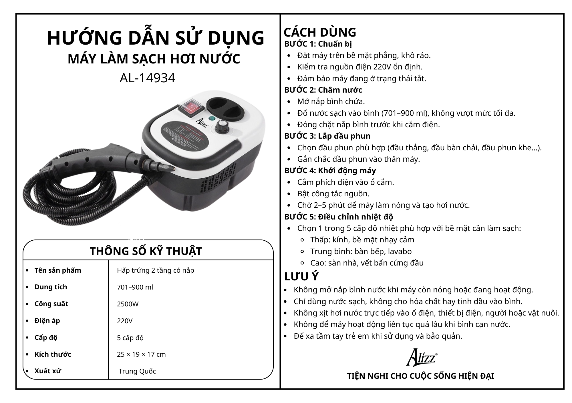 Máy Làm Sạch Hơi Nước Công Suất 2500W AL- 14934