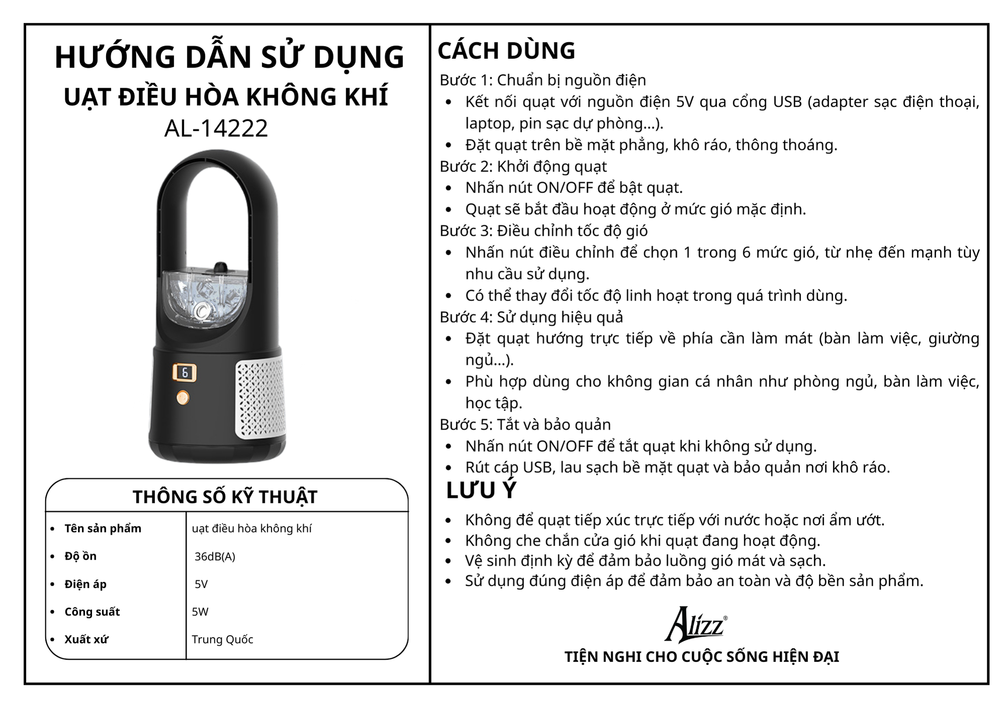 Quạt điều hòa không khí ALIZZ AL-14222 USB đa chức năng